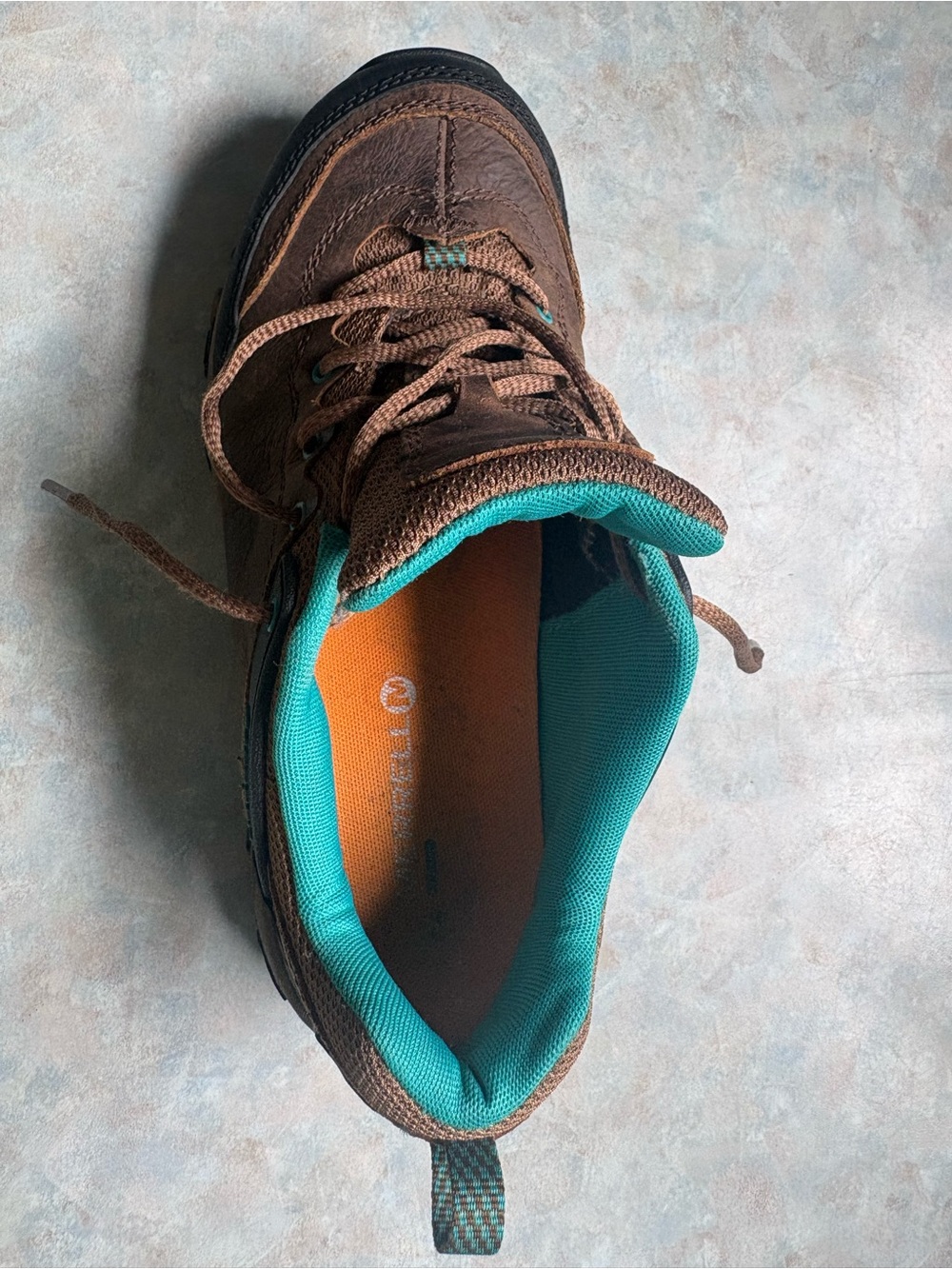 Women’s Merrell size 7.5, Brown Leather Hiking Shoes with Teal Mesh Tongue - Picture 10 of 10